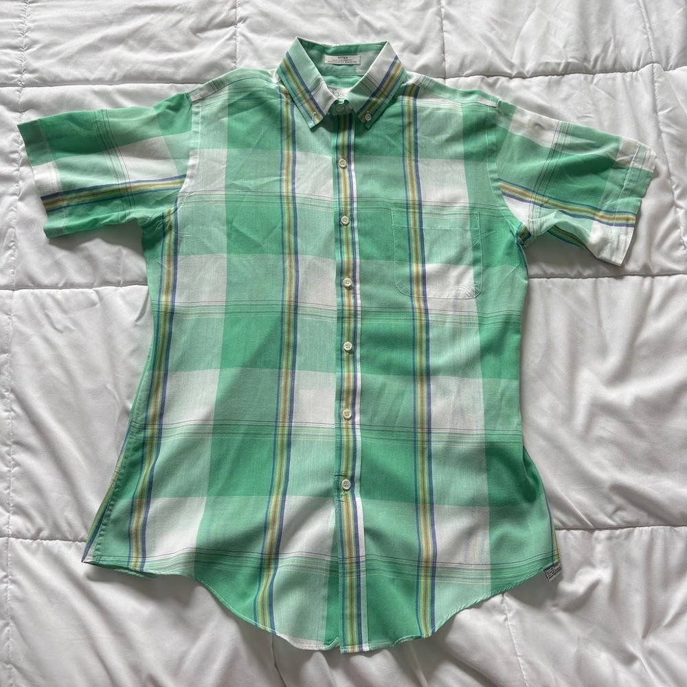 Vintage Arrow Brigade Mens Green Plaid Short Sleeve Button Down Shirt Fitted M